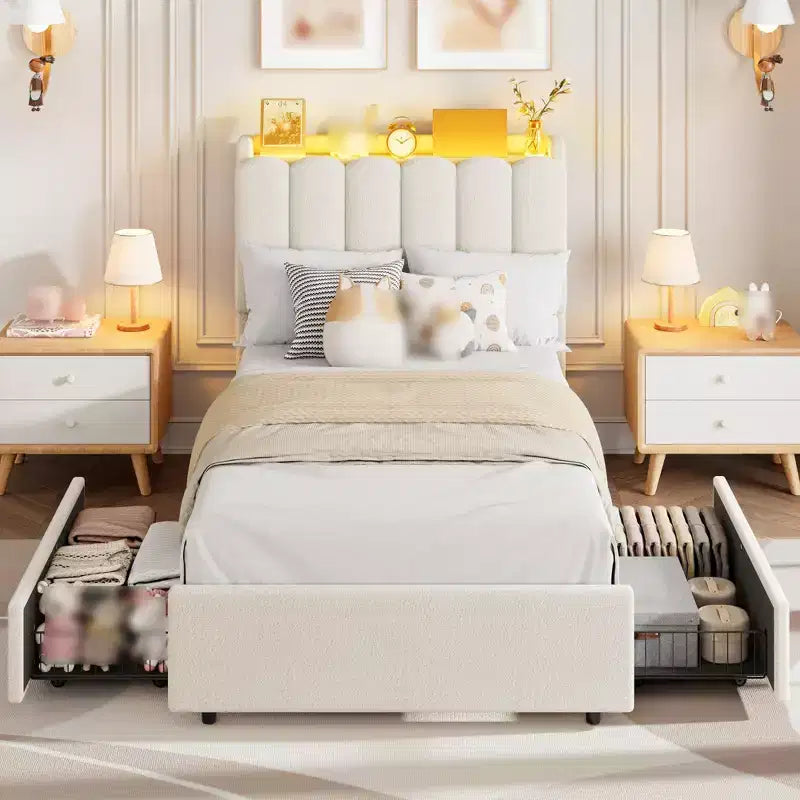 Estructura de cama individual con cabecero de almacenamiento, base de cama tapizada con 2 cajones, soporte de listones de madera, no requiere somier