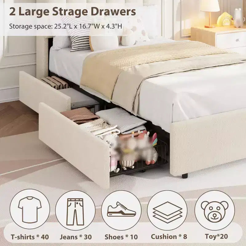Estructura de cama individual con cabecero de almacenamiento, base de cama tapizada con 2 cajones, soporte de listones de madera, no requiere somier