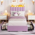 Estructura de cama individual con cabecero de almacenamiento, base de cama tapizada con 2 cajones, soporte de listones de madera, no requiere somier