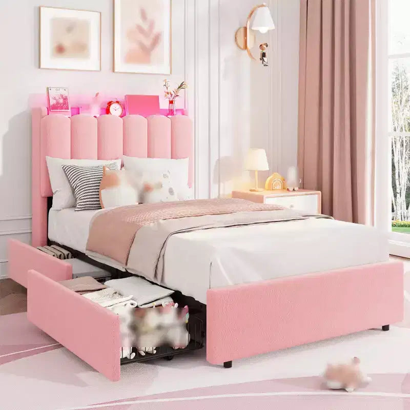 Estructura de cama individual con cabecero de almacenamiento, base de cama tapizada con 2 cajones, soporte de listones de madera, no requiere somier