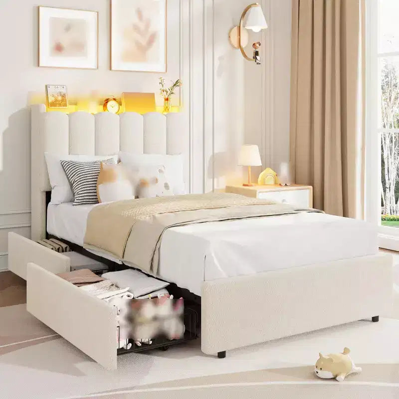Estructura de cama individual con cabecero de almacenamiento, base de cama tapizada con 2 cajones, soporte de listones de madera, no requiere somier