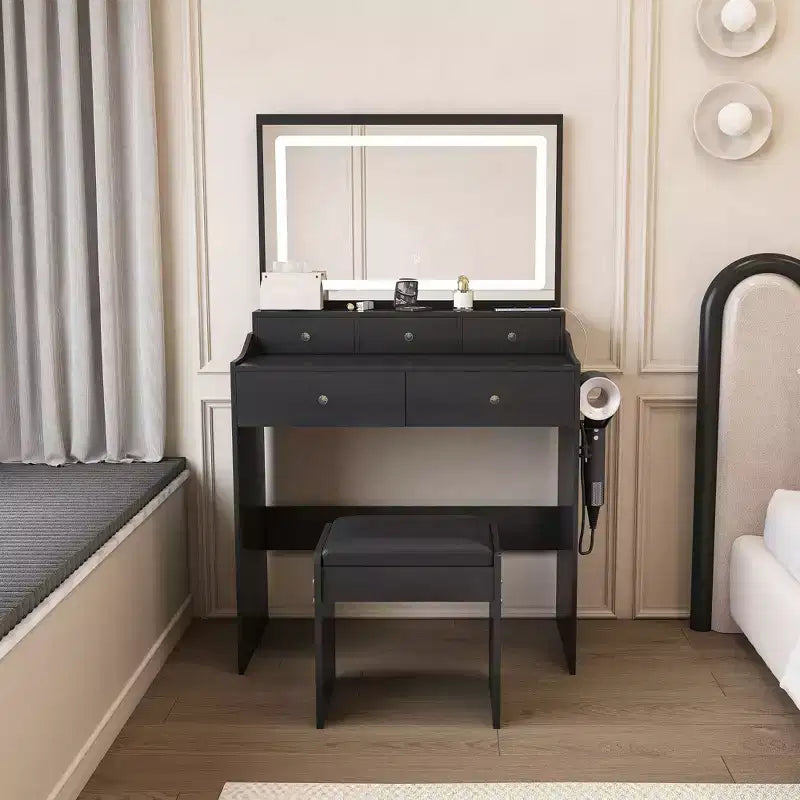 Okak Modern Vanity Table with Large Mirror & Lights,Storage Dressing Desk with Drawers & Small Stool,Makeup Table Set for Bedrooms
