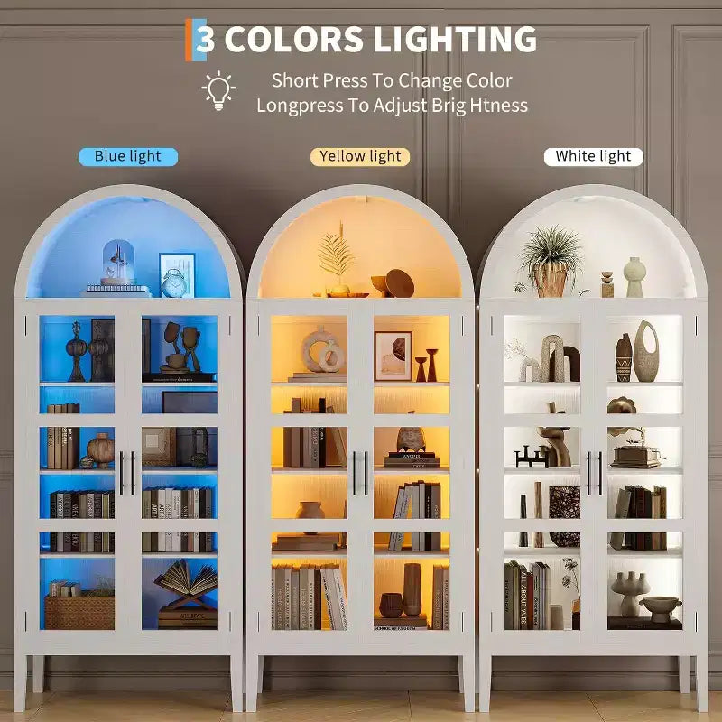 Armario de despensa de cocina alto y arqueado de 70" con luces LED y estantes ajustables, estantería arqueada para cocina, comedor, sala de estar