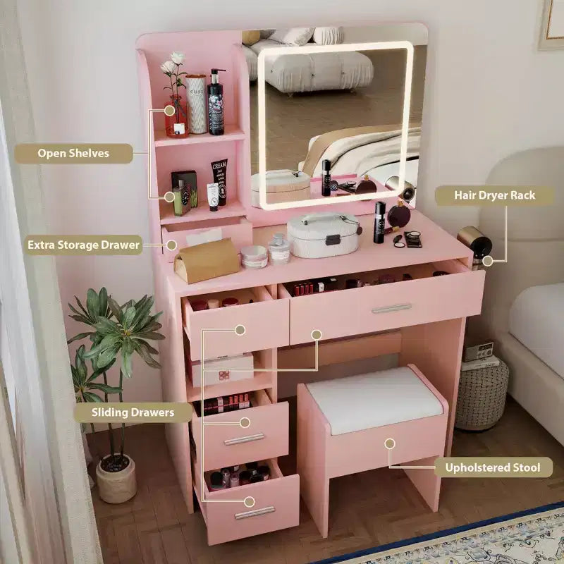 Tocador con espejo y luces, tocador de maquillaje con 3 tipos de iluminación ajustable, 3 estantes de almacenamiento, 5 cajones grandes y toma de corriente