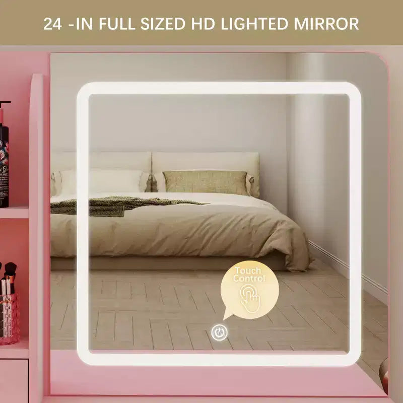 Tocador con espejo y luces, tocador de maquillaje con 3 tipos de iluminación ajustable, 3 estantes de almacenamiento, 5 cajones grandes y toma de corriente