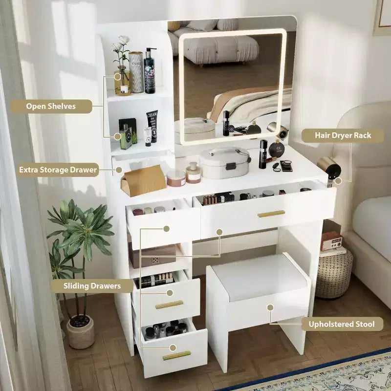 Tocador con espejo y luces, tocador de maquillaje con 3 tipos de iluminación ajustable, 3 estantes de almacenamiento, 5 cajones grandes y toma de corriente