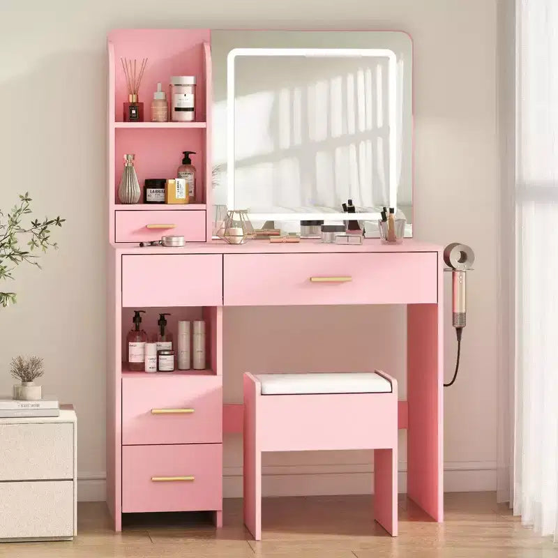 Tocador con espejo y luces, tocador de maquillaje con 3 tipos de iluminación ajustable, 3 estantes de almacenamiento, 5 cajones grandes y toma de corriente