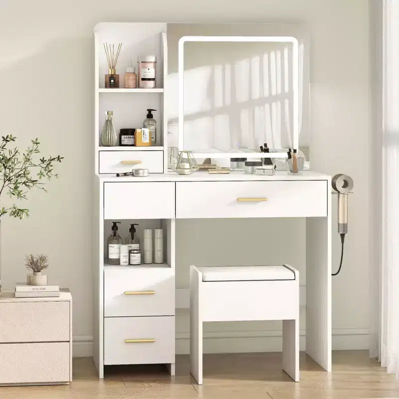 Tocador con espejo y luces, tocador de maquillaje con 3 tipos de iluminación ajustable, 3 estantes de almacenamiento, 5 cajones grandes y toma de corriente