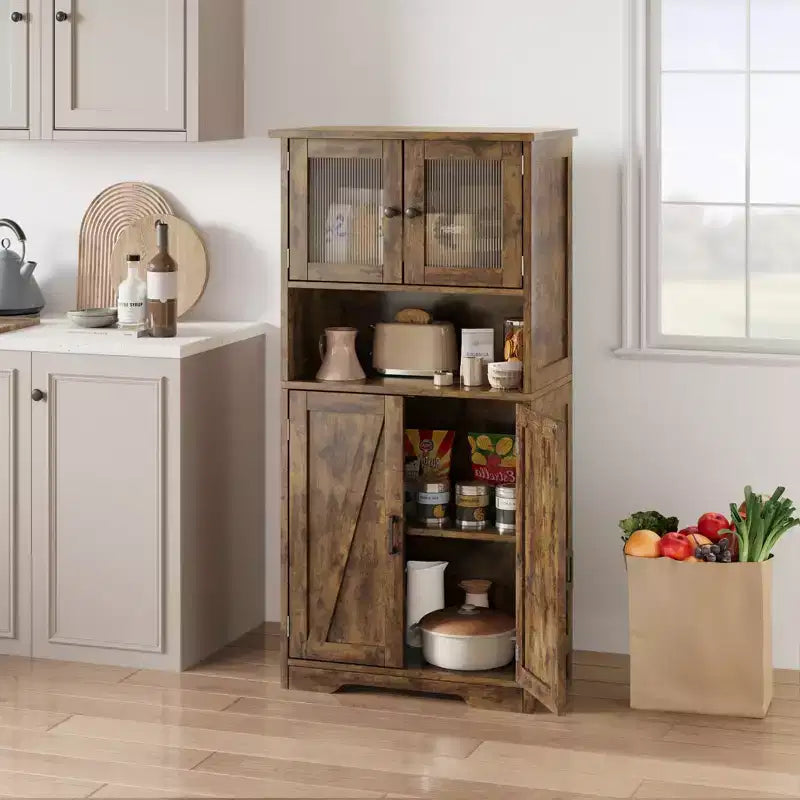 Mueble Bar Hutch con Puertas de Cristal, Armario de Despensa Alto de 54 pulgadas con Estantes Ajustables para Sala de Estar