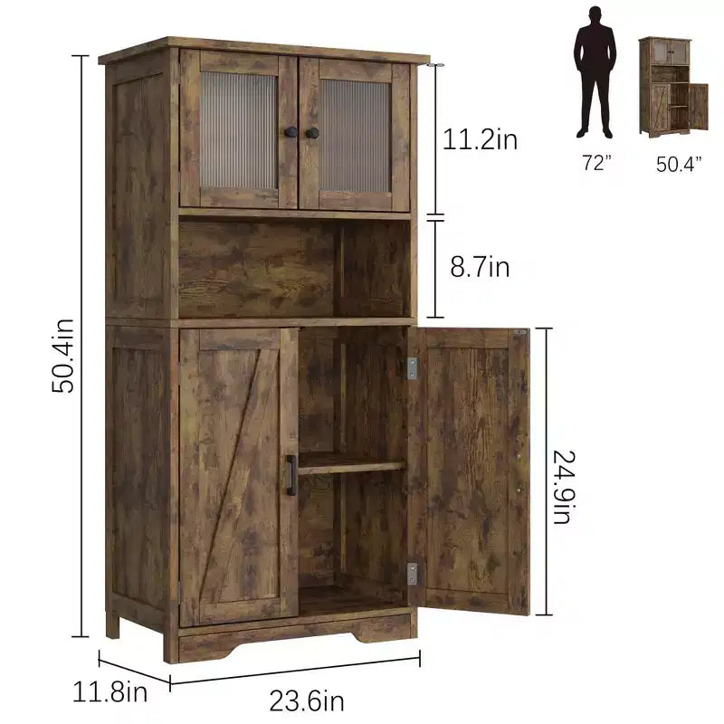 Mueble Bar Hutch con Puertas de Cristal, Armario de Despensa Alto de 54 pulgadas con Estantes Ajustables para Sala de Estar