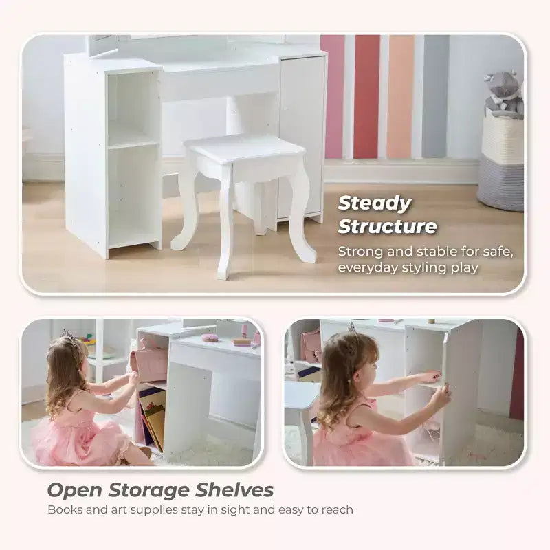 Tocador de lujo de madera Teamson Kids Glow con espejo LED, almacenamiento y taburete, blanco