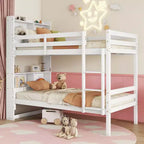 Litera Okak doble sobre doble con estantes de almacenamiento, literas infantiles 2 en 1 de madera de caucho con barandillas de seguridad y escalera, cama doble para dormitorio