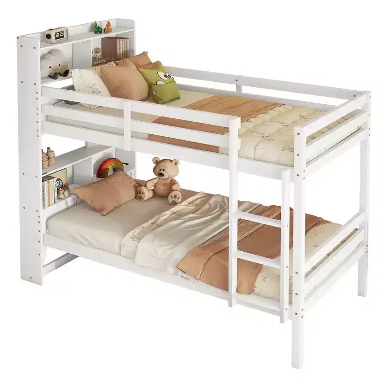 Litera Okak doble sobre doble con estantes de almacenamiento, literas infantiles 2 en 1 de madera de caucho con barandillas de seguridad y escalera, cama doble para dormitorio
