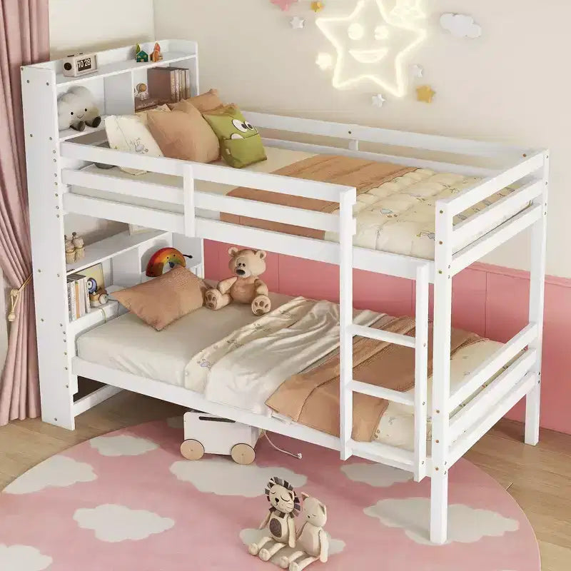 Litera Okak doble sobre doble con estantes de almacenamiento, literas infantiles 2 en 1 de madera de caucho con barandillas de seguridad y escalera, cama doble para dormitorio