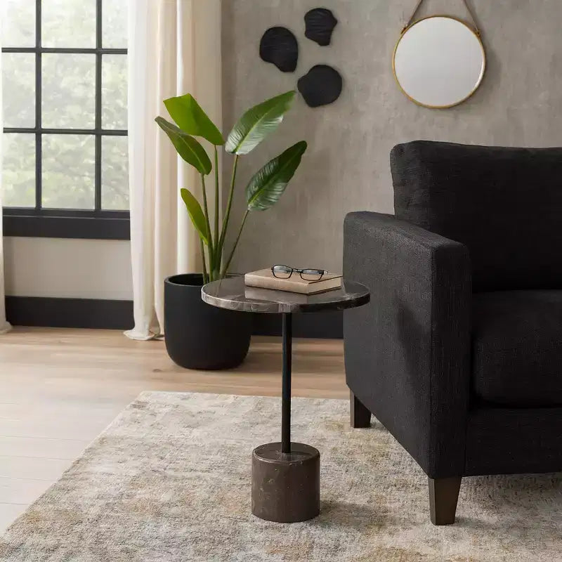 Mesa auxiliar con tablero redondo de mármol y base decorativa - Elemento decorativo moderno para espacios pequeños, decoración de habitaciones y decoración del hogar - 21, Negro y Marrón