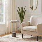 Mesa auxiliar con tablero redondo de mármol y base decorativa - Elemento decorativo moderno para espacios pequeños, decoración de habitaciones y decoración del hogar - 21, Negro y Marrón