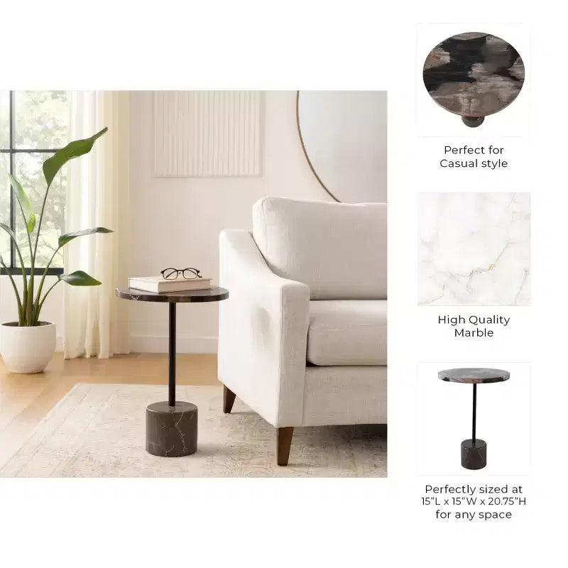 Mesa auxiliar con tablero redondo de mármol y base decorativa - Elemento decorativo moderno para espacios pequeños, decoración de habitaciones y decoración del hogar - 21, Negro y Marrón
