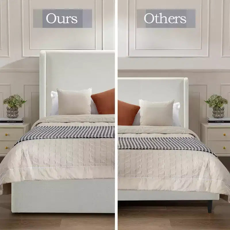 Cama moderna tapizada en tela de chenilla modelo Petra de GDFStudio con cabecero tipo orejero, requiere box spring