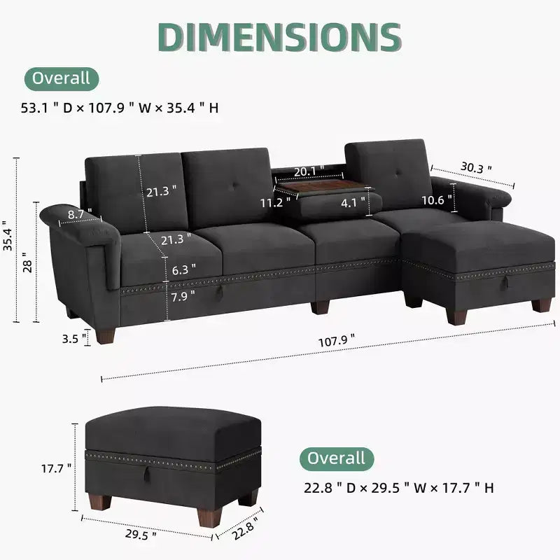 Sofá Seccional Celebalcony, Sofá Convertible en Forma de L con Almacenamiento, Sofá Seccional con Otomana de Almacenamiento para Sala de Estar, Apartamento, Oficina