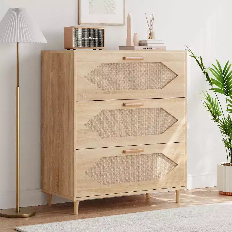 COZONY Cómoda de 3 Cajones de Ratán, Cómoda Rústica de Madera de Roble con Frentes Tejidos, Armario Moderno de Almacenamiento para Dormitorio, Sala de Estar o Entrada