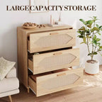 COZONY Cómoda de 3 Cajones de Ratán, Cómoda Rústica de Madera de Roble con Frentes Tejidos, Armario Moderno de Almacenamiento para Dormitorio, Sala de Estar o Entrada