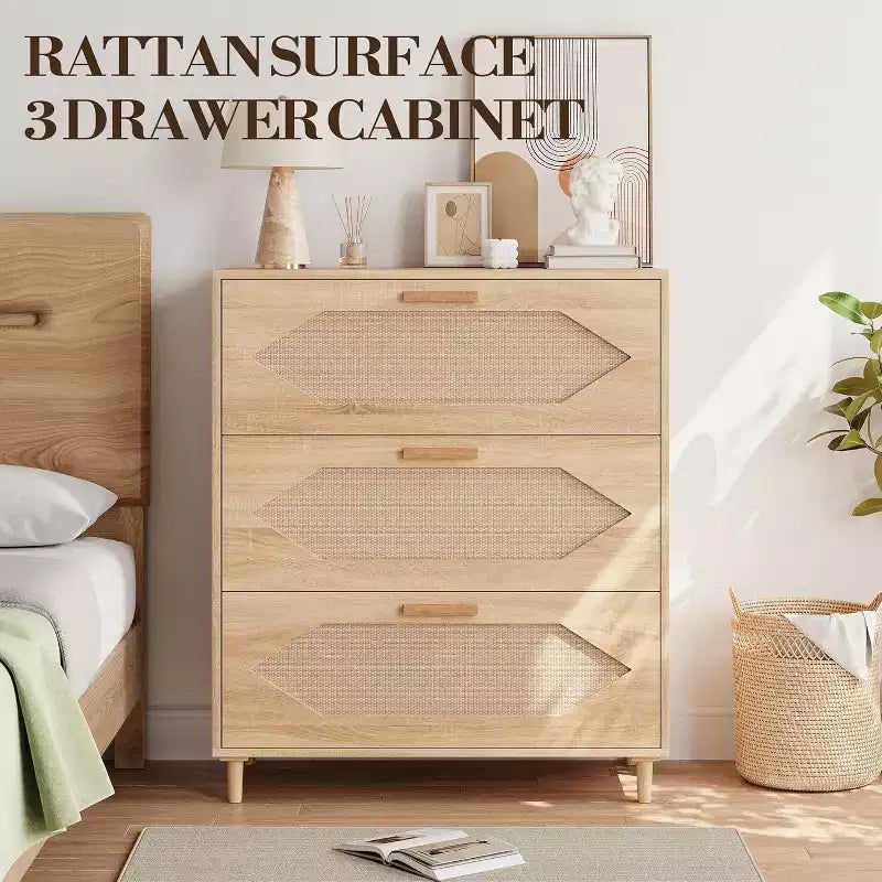 COZONY Cómoda de 3 Cajones de Ratán, Cómoda Rústica de Madera de Roble con Frentes Tejidos, Armario Moderno de Almacenamiento para Dormitorio, Sala de Estar o Entrada