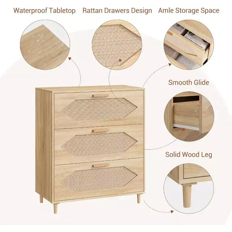 COZONY Cómoda de 3 Cajones de Ratán, Cómoda Rústica de Madera de Roble con Frentes Tejidos, Armario Moderno de Almacenamiento para Dormitorio, Sala de Estar o Entrada