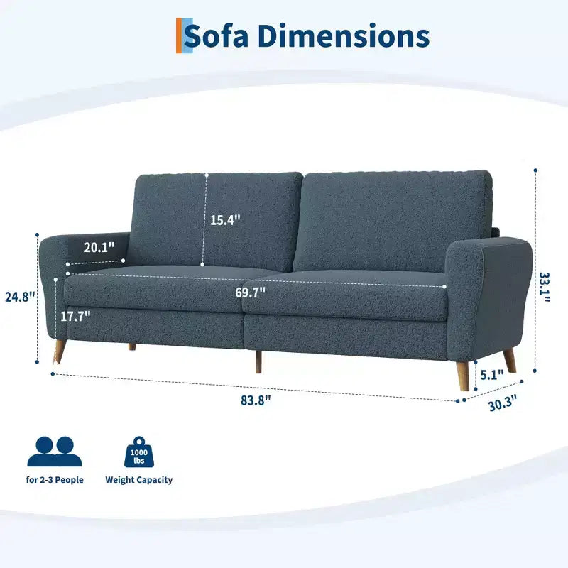 Sofá moderno de 84 pulgadas, sofá grande de 3 plazas con reposabrazos aerodinámicos, sofá de dos plazas de bouclé con patas de madera, sofá cómodo para sala de estar, apartamento, salón