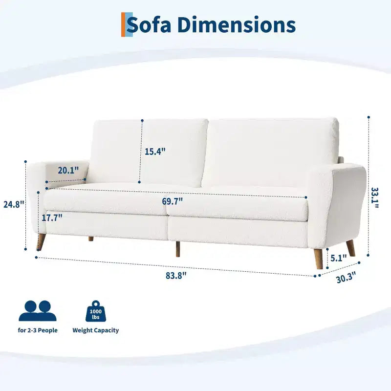 Sofá moderno de 84 pulgadas, sofá grande de 3 plazas con reposabrazos aerodinámicos, sofá de dos plazas de bouclé con patas de madera, sofá cómodo para sala de estar, apartamento, salón