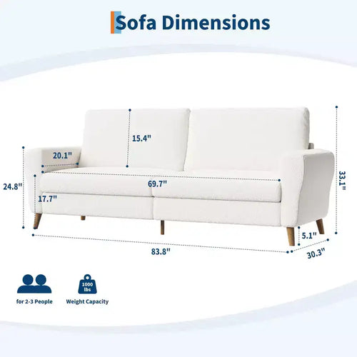 Sofá moderno de 84 pulgadas, sofá grande de 3 plazas con reposabrazos aerodinámicos, sofá de dos plazas de bouclé con patas de madera, sofá cómodo para sala de estar, apartamento, salón