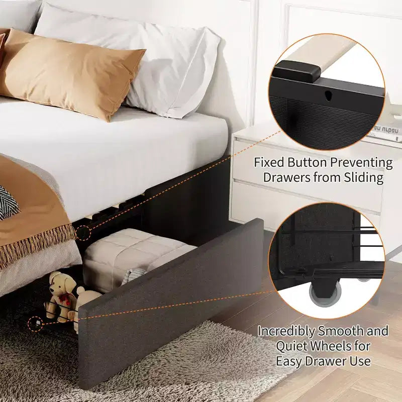 Base de cama COZONY con 3 cajones de almacenamiento, cama de plataforma tapizada en tela con listones de madera, no necesita somier, fácil montaje, gris