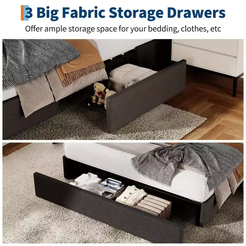 Base de cama COZONY con 3 cajones de almacenamiento, cama de plataforma tapizada en tela con listones de madera, no necesita somier, fácil montaje, gris