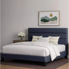 Estructura de cama con cabecero tapizado, soporte de láminas de madera, base de colchón gris oscuro