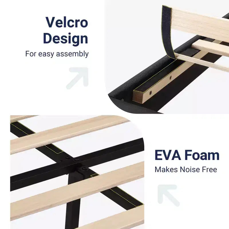 Estructura de cama con cabecero tapizado, soporte de láminas de madera, base de colchón gris oscuro