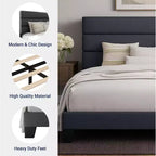 Estructura de cama con cabecero tapizado, soporte de láminas de madera, base de colchón gris oscuro