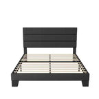 Estructura de cama con cabecero tapizado, soporte de láminas de madera, base de colchón gris oscuro
