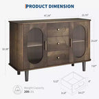 GarveeHome Aparador Buffet de 47" con 2 Puertas de Vidrio Estriado y 3 Cajones, Barra de Café Acentuada de Granja Moderna con Estantes Ajustables