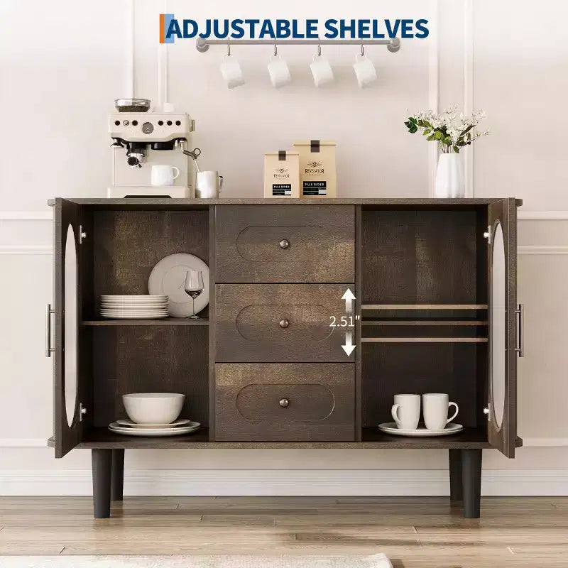 GarveeHome Aparador Buffet de 47" con 2 Puertas de Vidrio Estriado y 3 Cajones, Barra de Café Acentuada de Granja Moderna con Estantes Ajustables