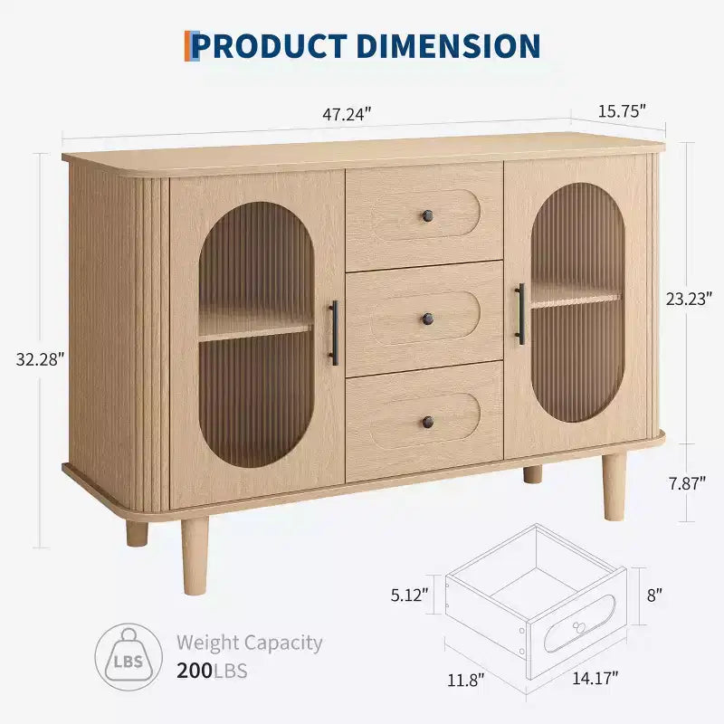 GarveeHome Aparador Buffet de 47" con 2 Puertas de Vidrio Estriado y 3 Cajones, Barra de Café Acentuada de Granja Moderna con Estantes Ajustables