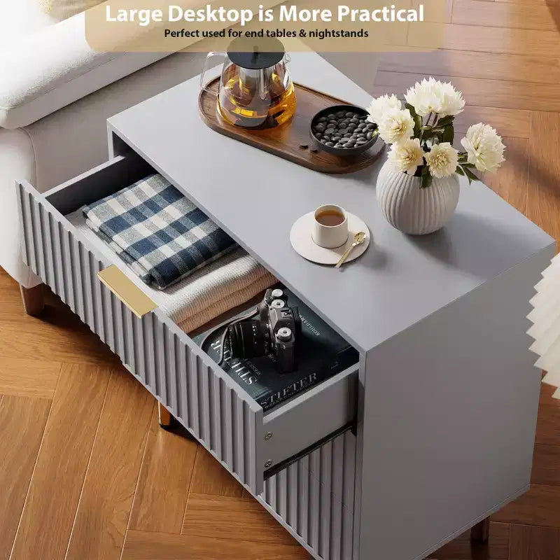 Cómoda de 3 cajones para dormitorio, mesita de noche moderna estriada con cajones profundos, cómoda con tapa ancha, organizador de madera, mesa auxiliar