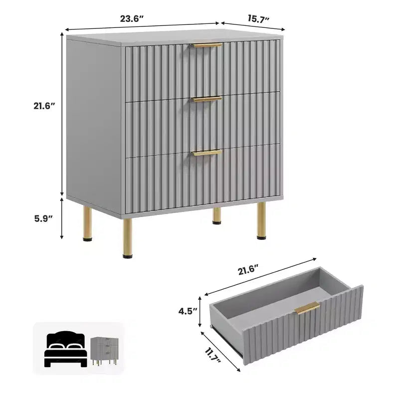 Cómoda de 3 cajones para dormitorio, mesita de noche moderna estriada con cajones profundos, cómoda con tapa ancha, organizador de madera, mesa auxiliar