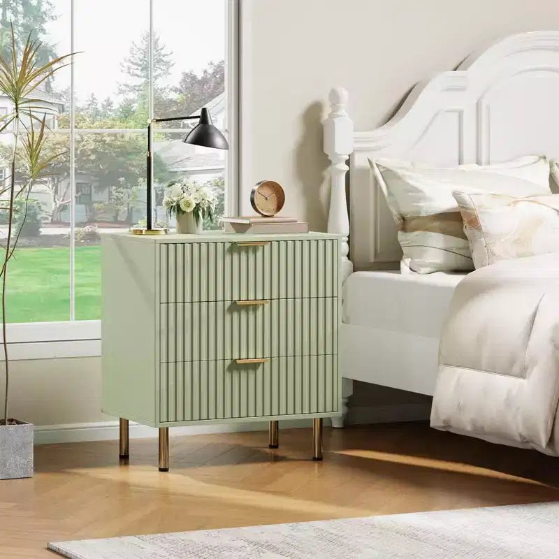 Cómoda de 3 cajones para dormitorio, mesita de noche moderna estriada con cajones profundos, cómoda con tapa ancha, organizador de madera, mesa auxiliar