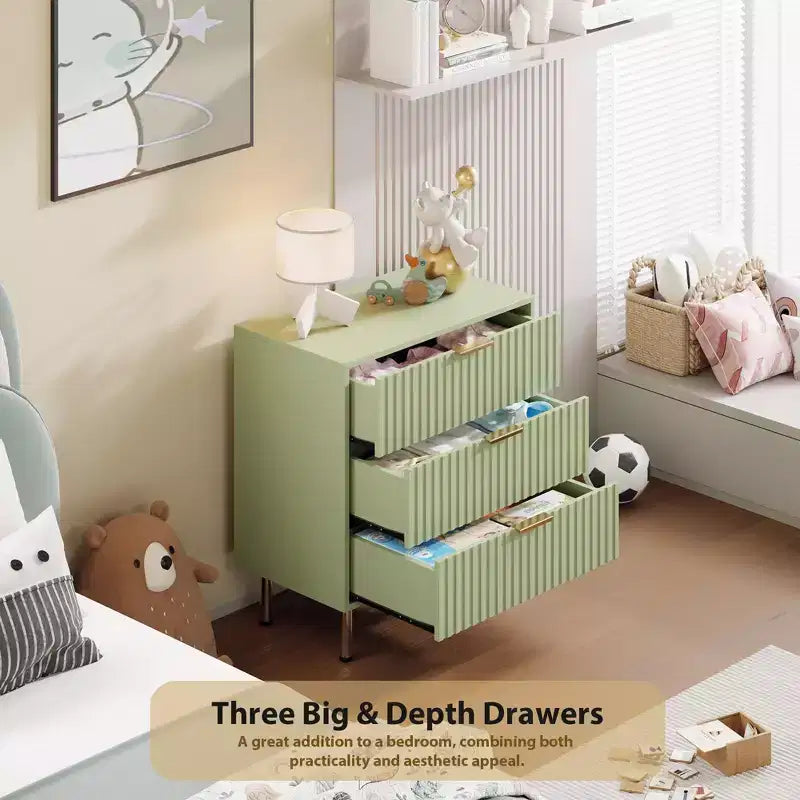 Cómoda de 3 cajones para dormitorio, mesita de noche moderna estriada con cajones profundos, cómoda con tapa ancha, organizador de madera, mesa auxiliar