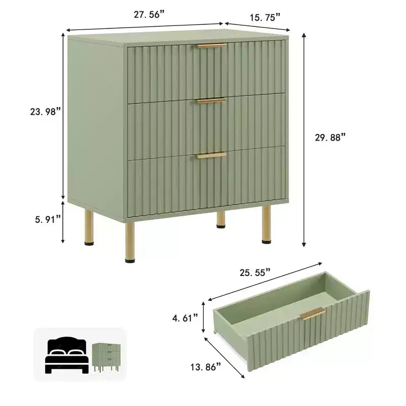 Cómoda de 3 cajones para dormitorio, mesita de noche moderna estriada con cajones profundos, cómoda con tapa ancha, organizador de madera, mesa auxiliar