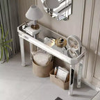 Mesa consola vintage Okak de 48 pulgadas con tallado de vetas de madera, mesa decorativa con superficie de espejo, mesa de pasillo para sala de estar, entrada