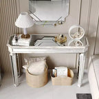Mesa consola vintage Okak de 48 pulgadas con tallado de vetas de madera, mesa decorativa con superficie de espejo, mesa de pasillo para sala de estar, entrada