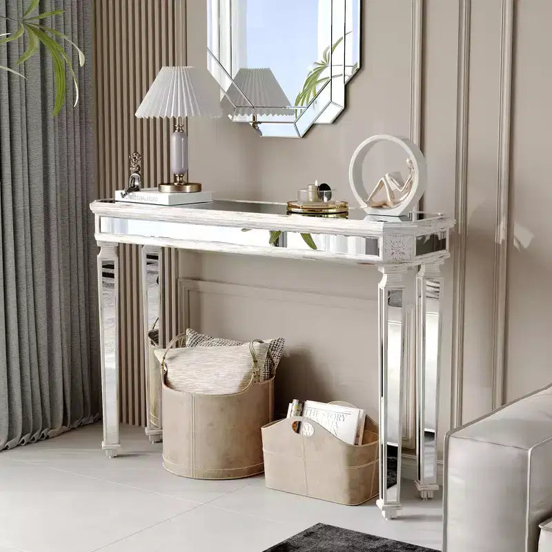 Mesa consola vintage Okak de 48 pulgadas con tallado de vetas de madera, mesa decorativa con superficie de espejo, mesa de pasillo para sala de estar, entrada