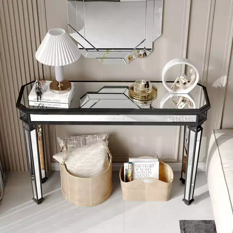 Mesa consola vintage Okak de 48 pulgadas con tallado de vetas de madera, mesa decorativa con superficie de espejo, mesa de pasillo para sala de estar, entrada