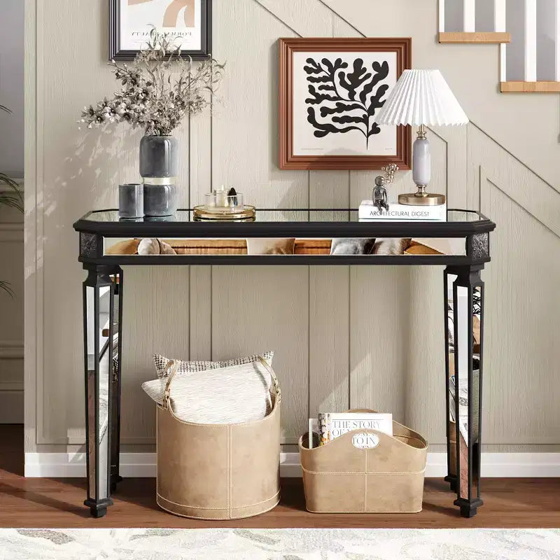 Mesa consola vintage Okak de 48 pulgadas con tallado de vetas de madera, mesa decorativa con superficie de espejo, mesa de pasillo para sala de estar, entrada
