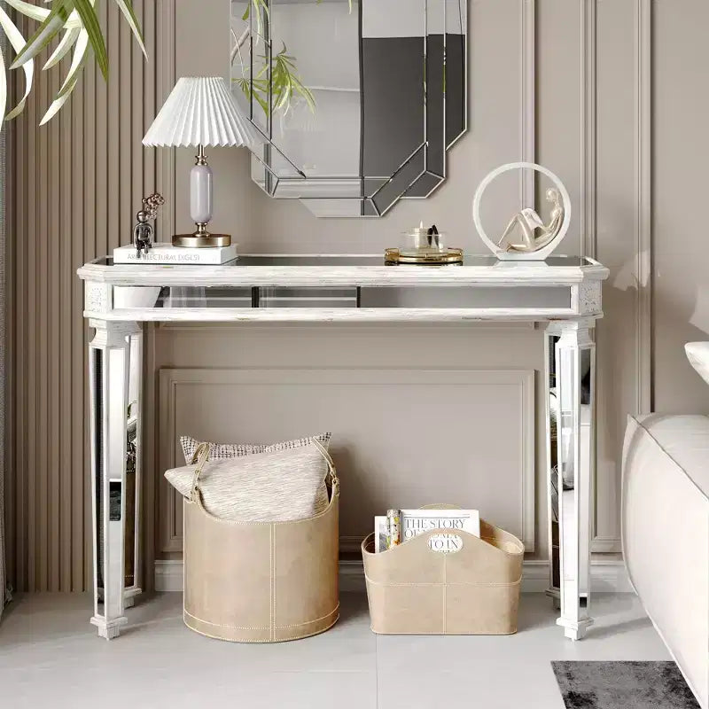 Mesa consola vintage Okak de 48 pulgadas con tallado de vetas de madera, mesa decorativa con superficie de espejo, mesa de pasillo para sala de estar, entrada